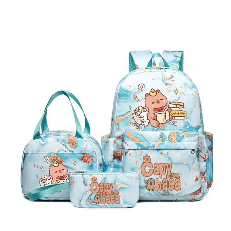 Capybara Cartoon Kids School Backpack Set With Pencil Case Lunch Bag - Large Capacity Breathable Waterproof Oxford Fabric