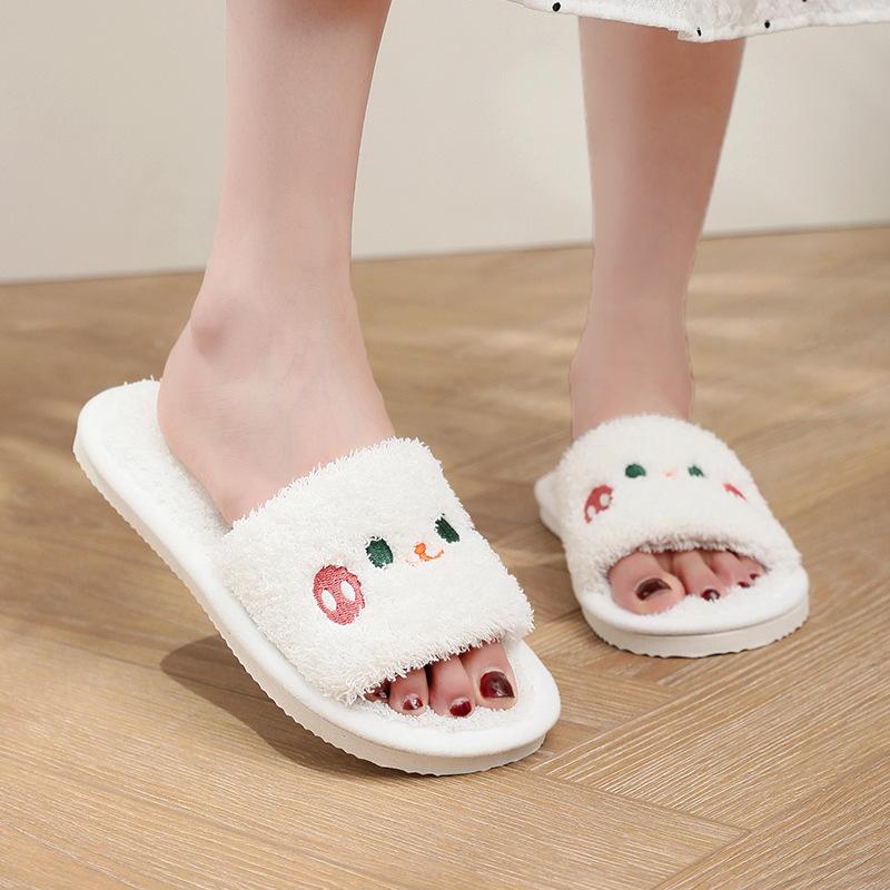 Open women's autumn and winter indoor and outdoor thick-soled warm plush shoes one-word open cotton slippers women's foam