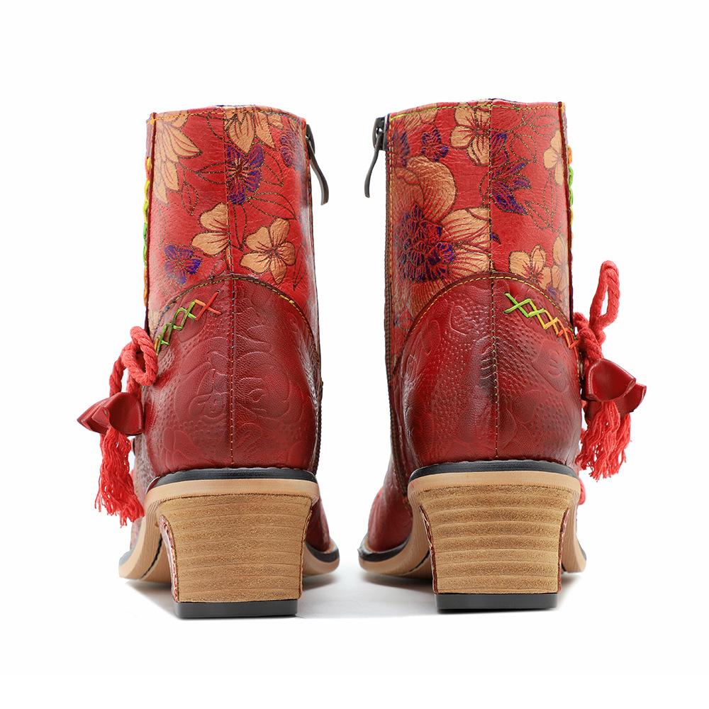 Johnature Vintage Rote Schuhe Handgefertigte kurze Damenstiefel aus echtem Leder mit Splice-Print zum Schnüren