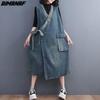DIMANAF Sommer Plus Größe Mode Ärmellose Frauen Elegante Dame Lange Weste Gürtel Kleid Lose Kleidung Blau Oversize Denim Kleid