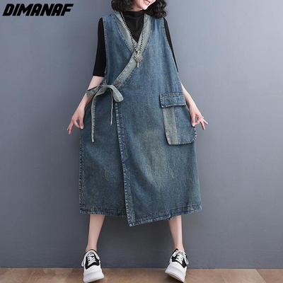 DIMANAF Summer Plus Size Fashion Sleeveless Women Elegant Lady Long Vest Belt Dress Loose Clothing Blue Oversize Denim Dress