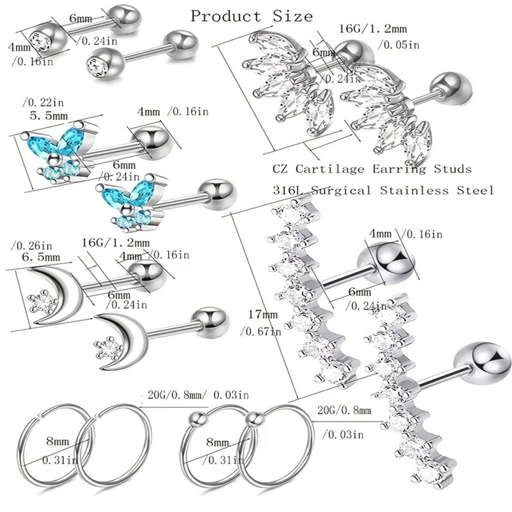 2-14 Pcs Butterfly Moon Stainless Steel Stud Earrings Hypoallergenic Hoops for Tragus Daith Conch Piercing Jewelry