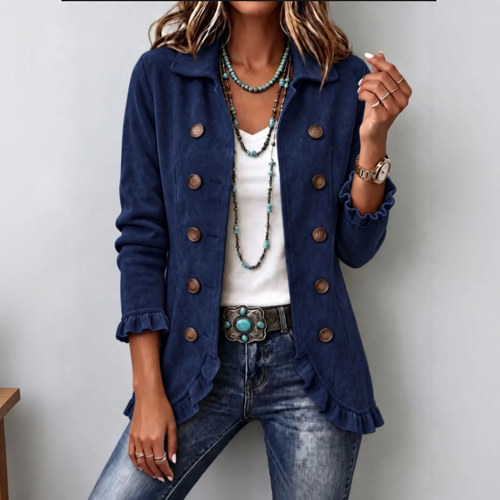 Women's Cropped Jacket Double-Breasted Lapel Collar Ruffle Hem Coat for Casual Wear