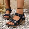 Solid-color Women's Wedge Sandals with An Adjustable Ankle Strap for Easy On/off Wear. Open-toe Design Features A Perforated Upper and Textured Sole