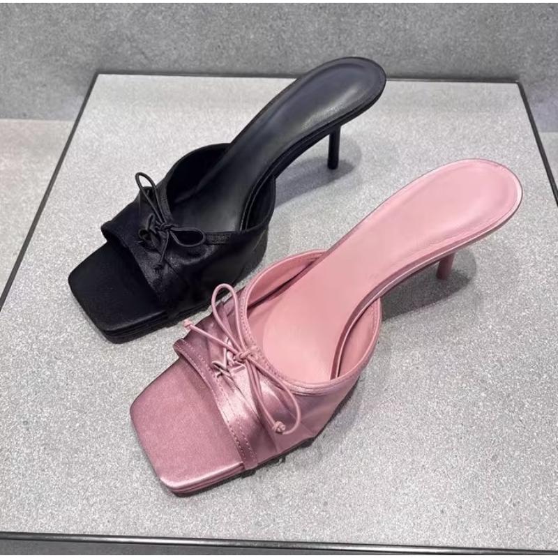 Fashion Summer 2025 New Comfortable Low Heel Square Head Sandals Sweet Bow Silk Thick Heel Slippers for Ladies Outwear Blue Slides