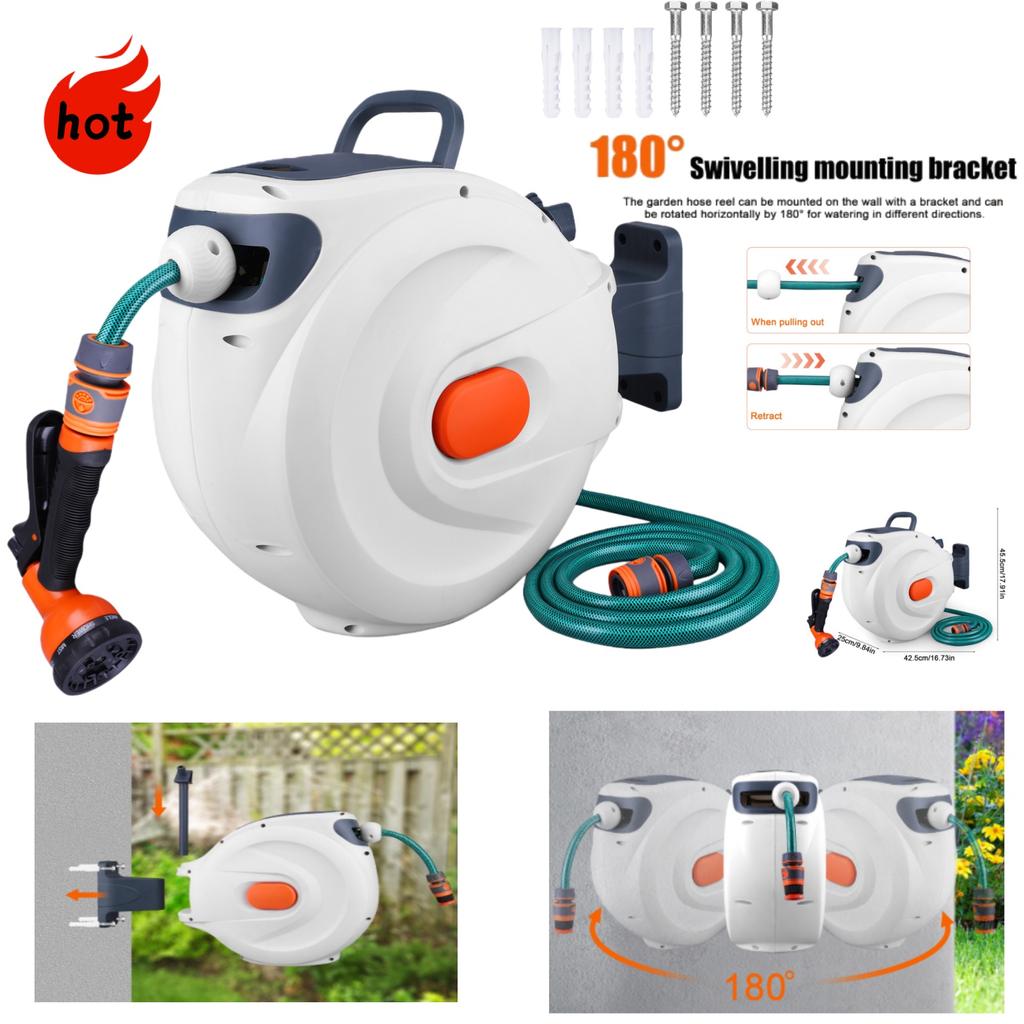 Retractable Garden Hose Reel 20M Length Lock Automatic Retractable Hose Reel Slow Return ABS with Sprayer Nozzle for Garden Wate