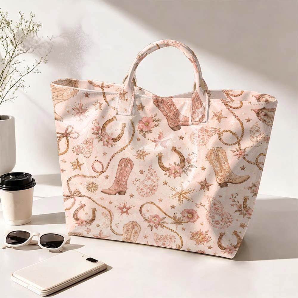 Women Pink Western Boots Print Tote Handbag, Bohemian Horseshoe Large Capacity Handbag, Country Style Daily Casual Purse