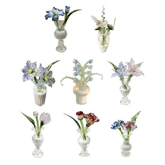 Mini Glass Flower Figurine Hand Blown Small Faux Crystal Carnation/Lily/Peony Flower Bouquet In Vase for Mother's Day Birthday Table Centerpiece