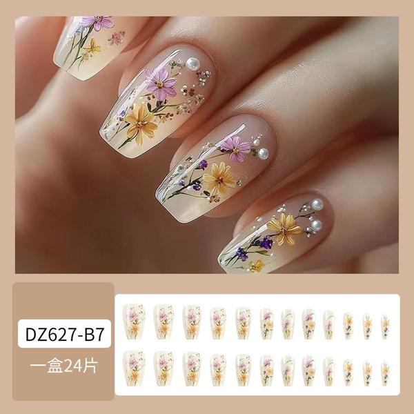 24Pcs Yellow Cute Bee Design Fake Nails French Colorful Flowers Fasle Nails Purple Star Gradient Mid-length Ballet Womens Press On Nails