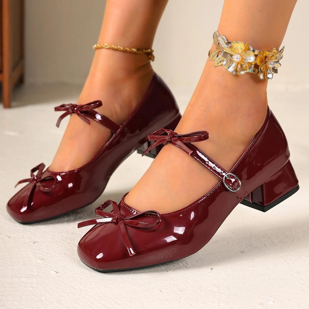Retro Bowknot Decoration Red Mary Jane Shoes Women 2025 Summer Medium Heel Sandals Sweet Lacquer Leather Party Dress Shoes