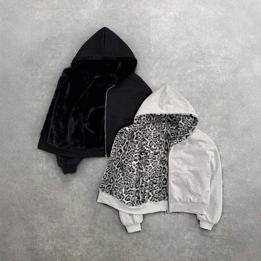 VAYLA Nuevo Sudadera con Capucha de Doble Cara para Ropa Harajuku Retro Estampado de Leopardo Moda Holgada con Cremallera Hombre Street Hip-hop Casual