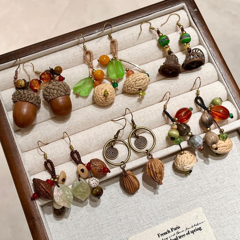 Handmade Retro Pine Cone & Dried Fruit Earrings - Forest Style Artistic Jewelry for Women