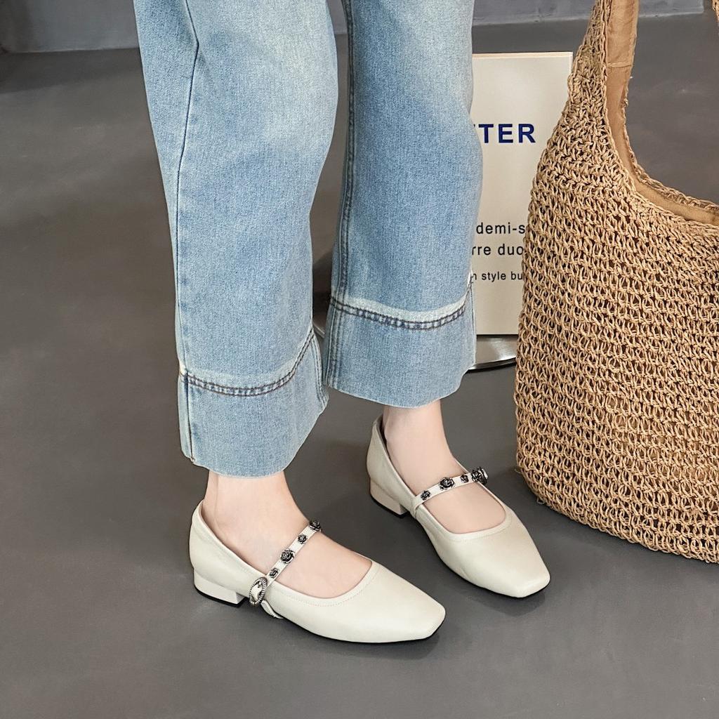 2025 new summer soft leather square head Mary Jane shoes fairy style gentle and versatile one-word buckle shallow mouth single shoes