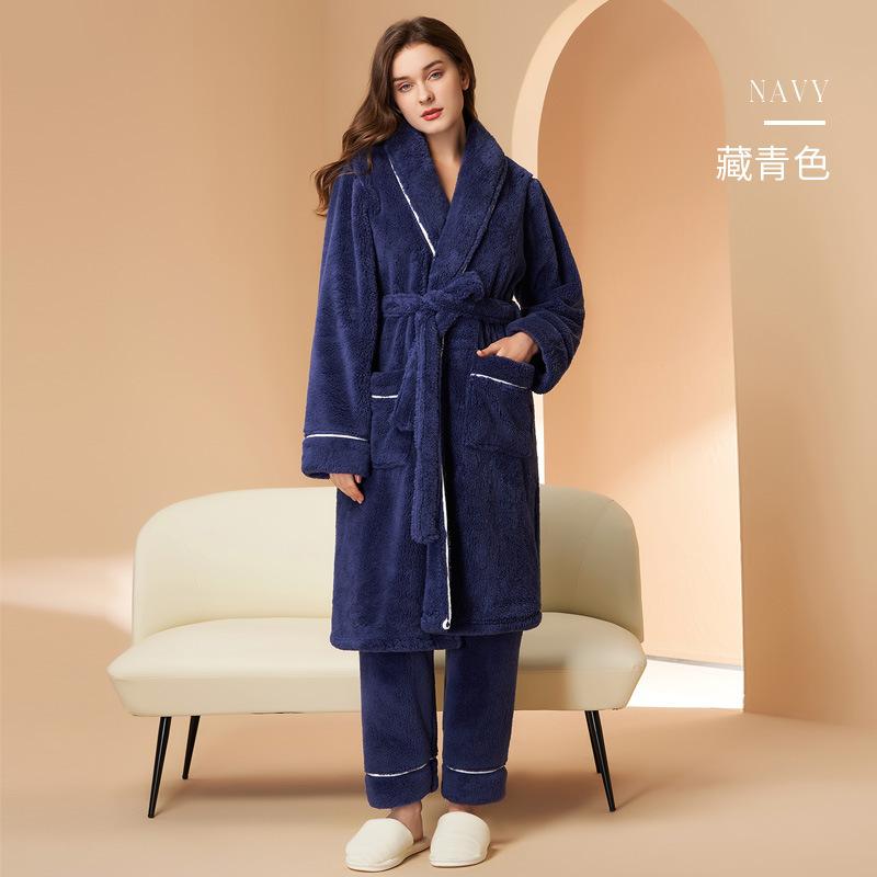Set de îmbrăcăminte de noapte pentru femei, toamnă-iarnă, din 2 piese, cu strat dublu, gros, moale, din lână de bumbac, pentru cupluri, halat cu șnur, set de îmbrăcăminte de casă plus size