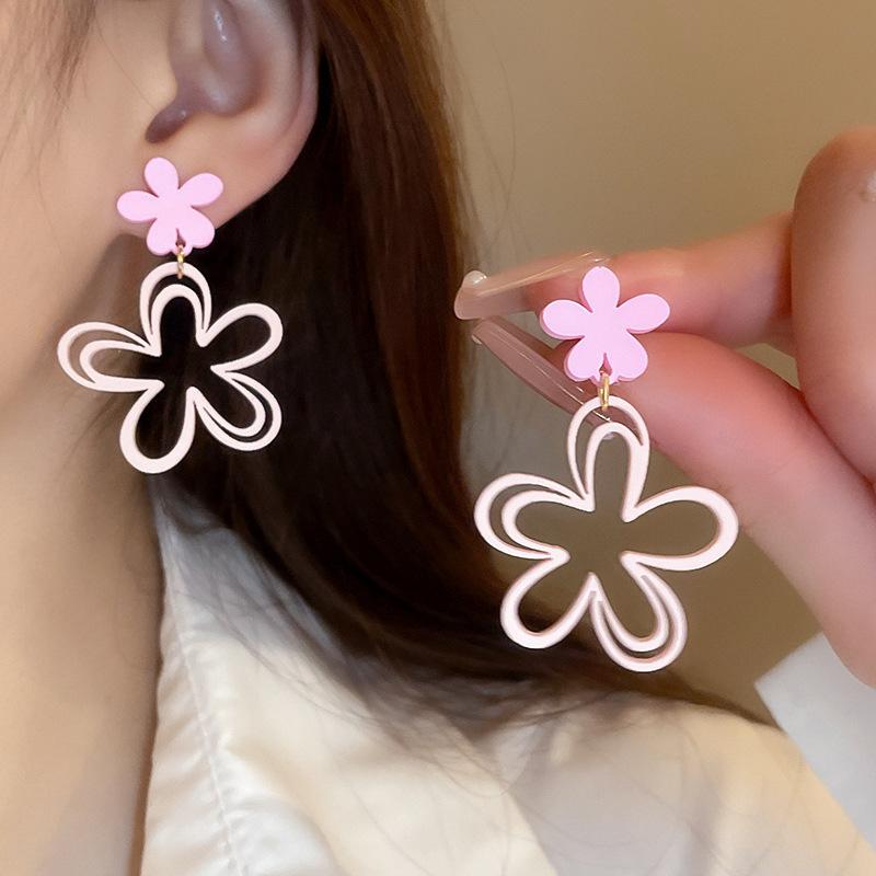 Silver Needle Flower Mesh Fringed Stud Earrings Fresh and Sweet Seaside Vacation Style Earrings Fashionable Versatile Atmosphere Earrings