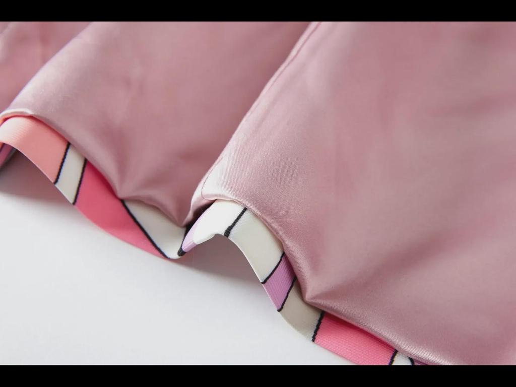 Conjunto de Traje Rosa para Mujer Guoer con Cuello en V, Estampado de Algodón y Botón Único