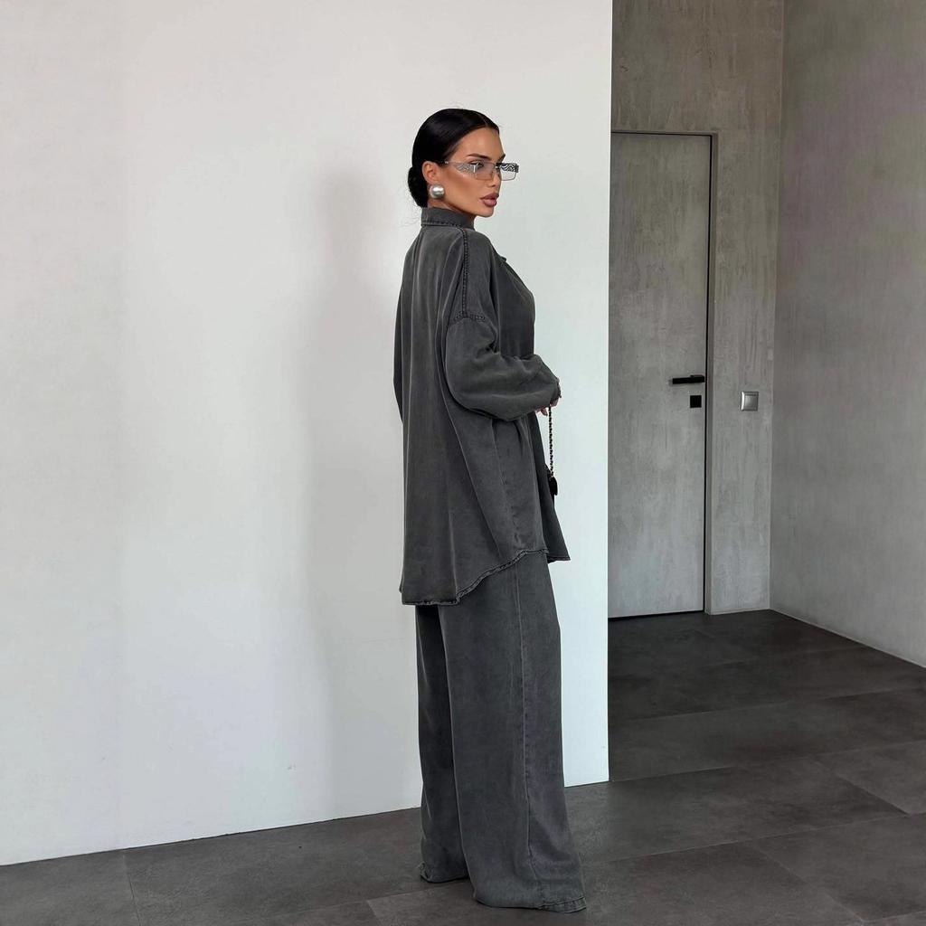  Cross-border European and American Fashion Women's Clothing Amazon Denim Long-sleeved Button-down Wide-leg Casual Pants Commuter Suit