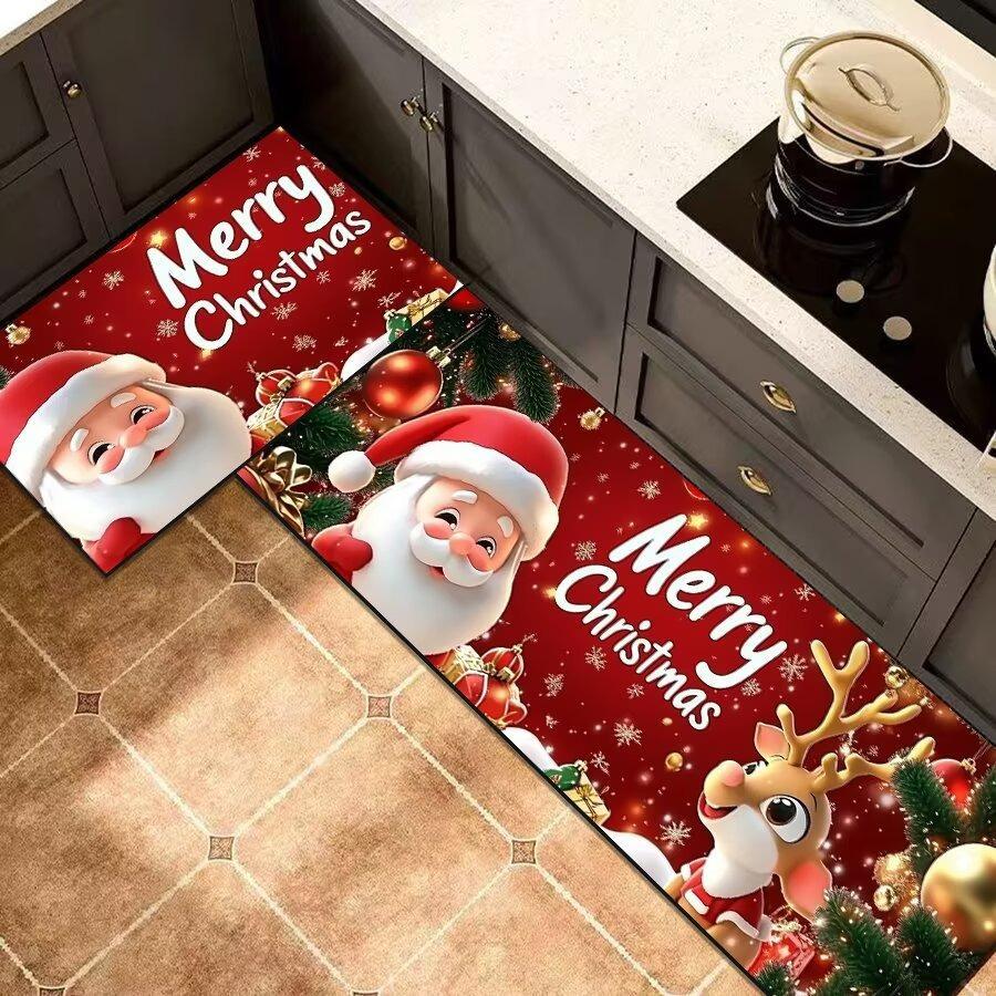 Christmas Santa Kitchen Mat Set, 2-PC Absorbent Non-Slip Floor Rugs for Holiday Decor