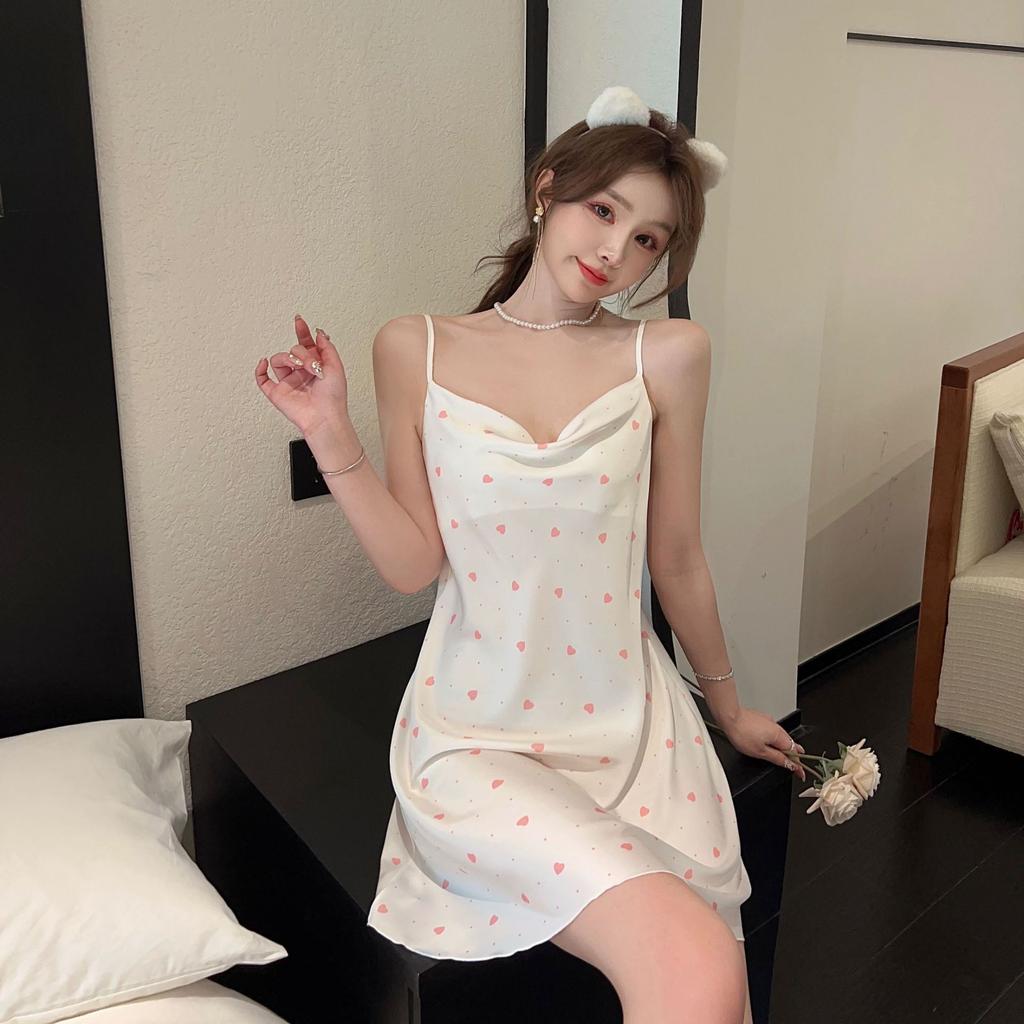 Sexy Pajamas Women's Ice Silk Summer Thin Suspender Printing Pure Desire New Swing Collar Nightdress Can Be