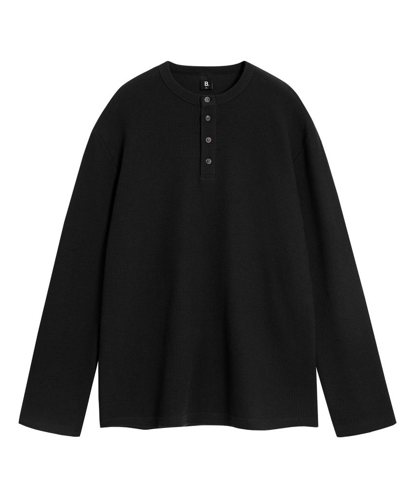 BRENSON (Waffle) Loose Fit Waffle Henley Neck Long Sleeve Tee (4 Colors)