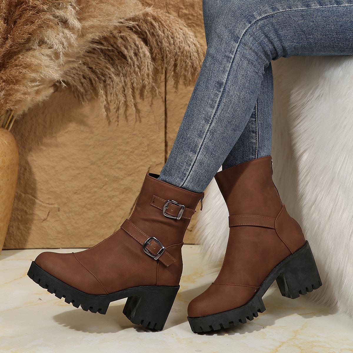 

European and American style 2024 autumn and winter new versatile round head belt buckle solid color thick high heel large size women s Martin boots 36 жовтий