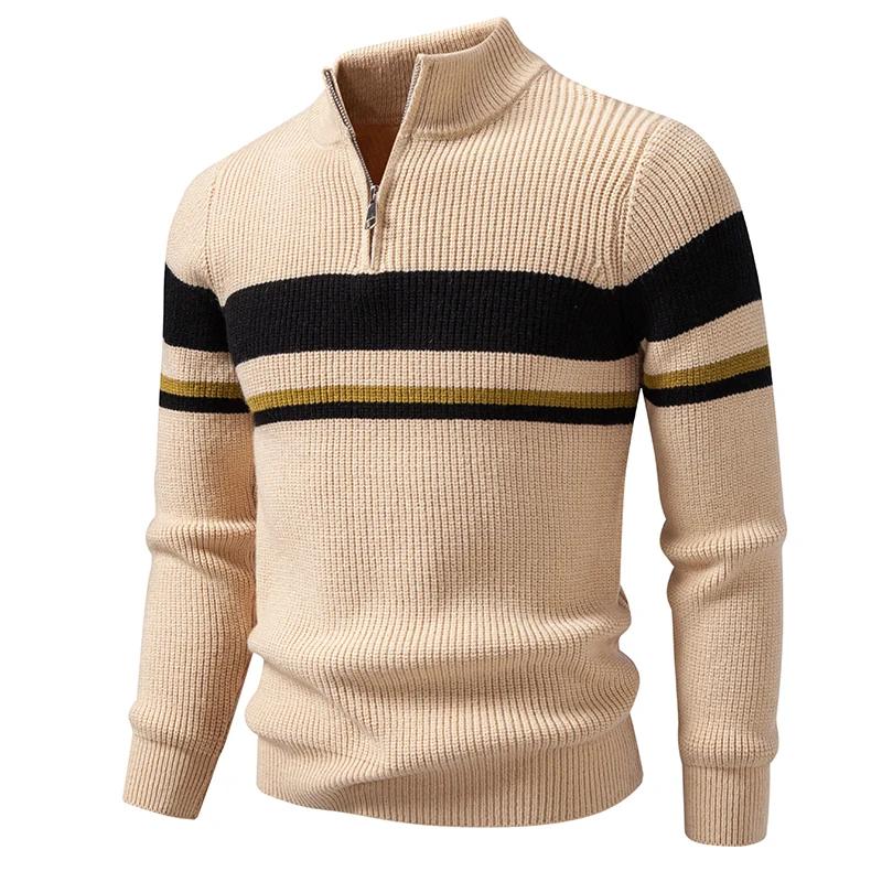 Triped Sweater Men Fashion Patchwork Knitted Pullovers Mens Stand Collar Half Zipper Knit Sweater Warm Pullover Tops