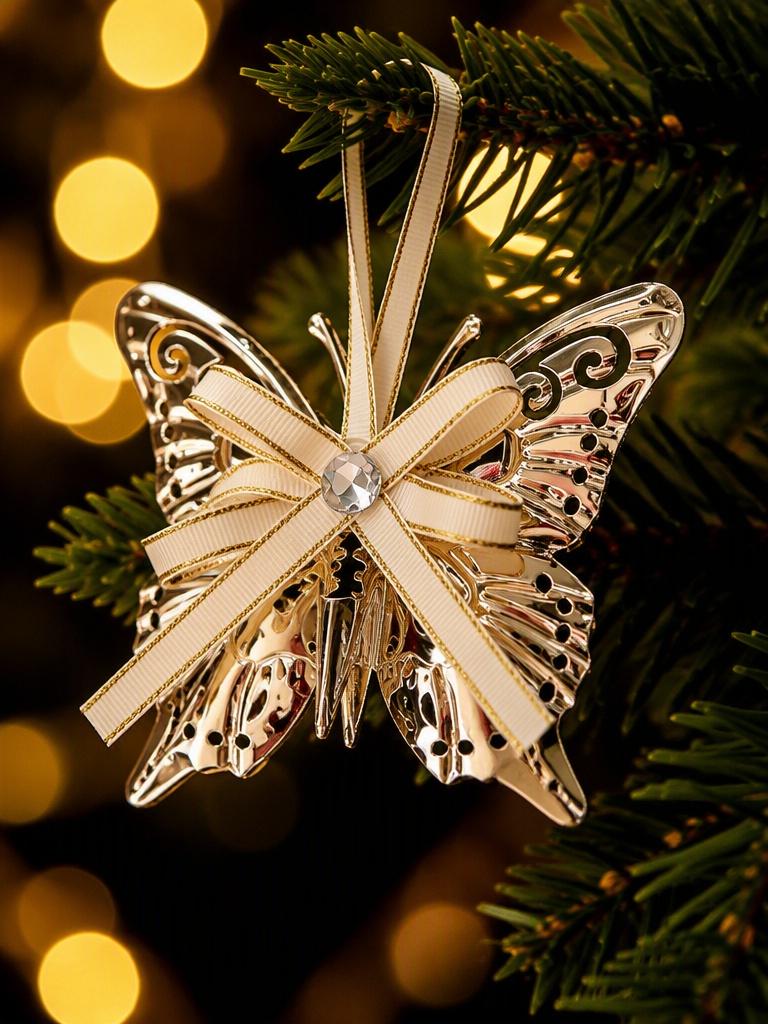 1pc Vintage-Style, Highly Creative Openwork Tin Christmas Ornament, Featuring a High-Quality Champagne Gold Satin Ribbon Bow