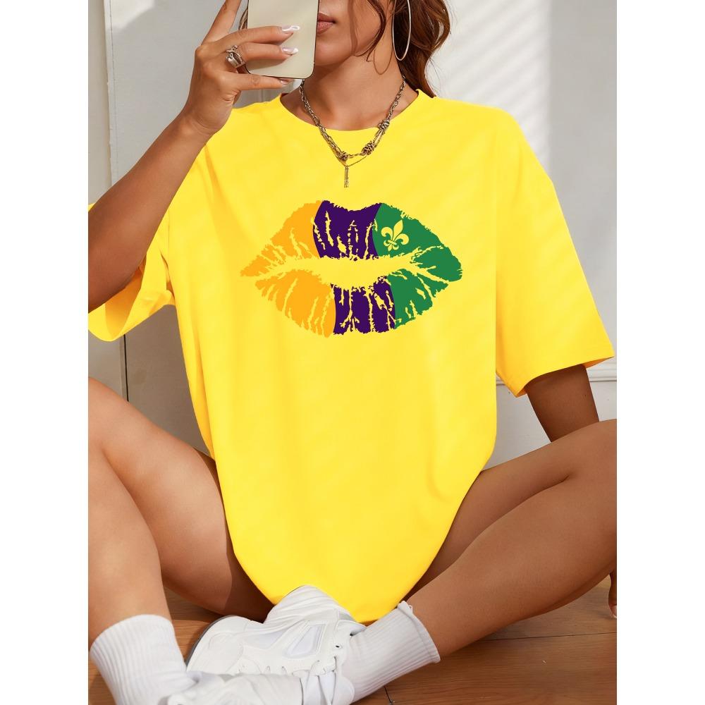 Happy Carnivals Creative Lips Printed Women T-Shirt Cotton Y2K T Shirts Comfortable Short Sleeve Oversized Summer