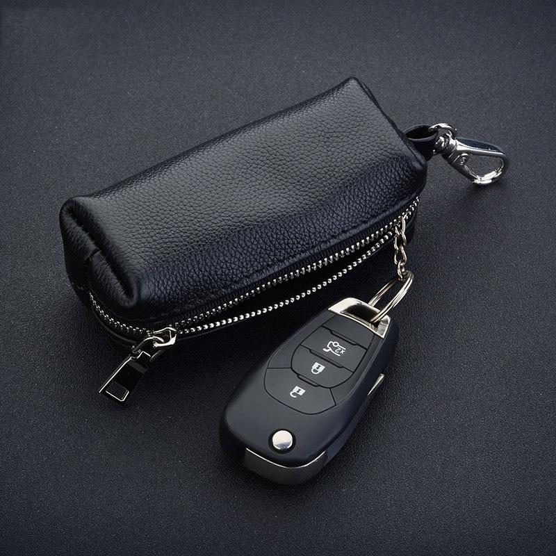 Genuine Leather Key Holder - Unisex Car/House Key Organizer Pouch with Long Keychain, Cow Split Leather Wallet Case