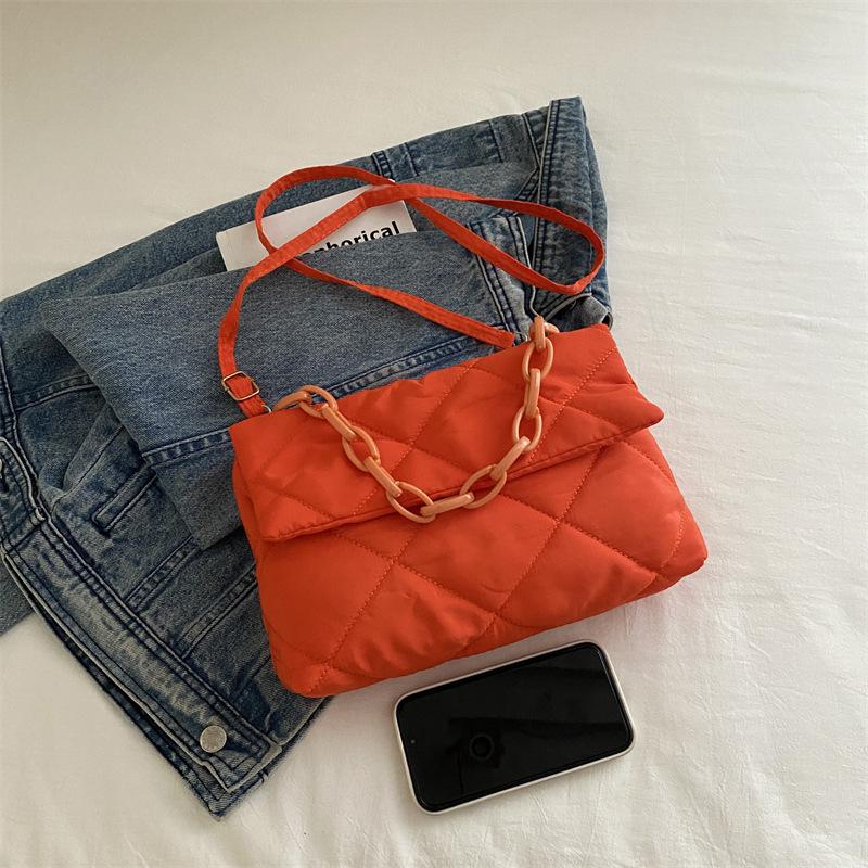 Geantă de mână matlasată de iarnă, căptușită cu bumbac, pentru femei, cu lanț, model rombic, designer, geantă din puf de pene, poșetă, genți tote de umăr pentru doamne