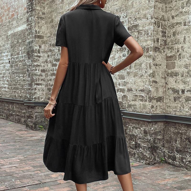 VEZFAA Women's Fashion Summer Spring Solid Color Print Short Sleeve V-Neck High Waist Casual Dresses