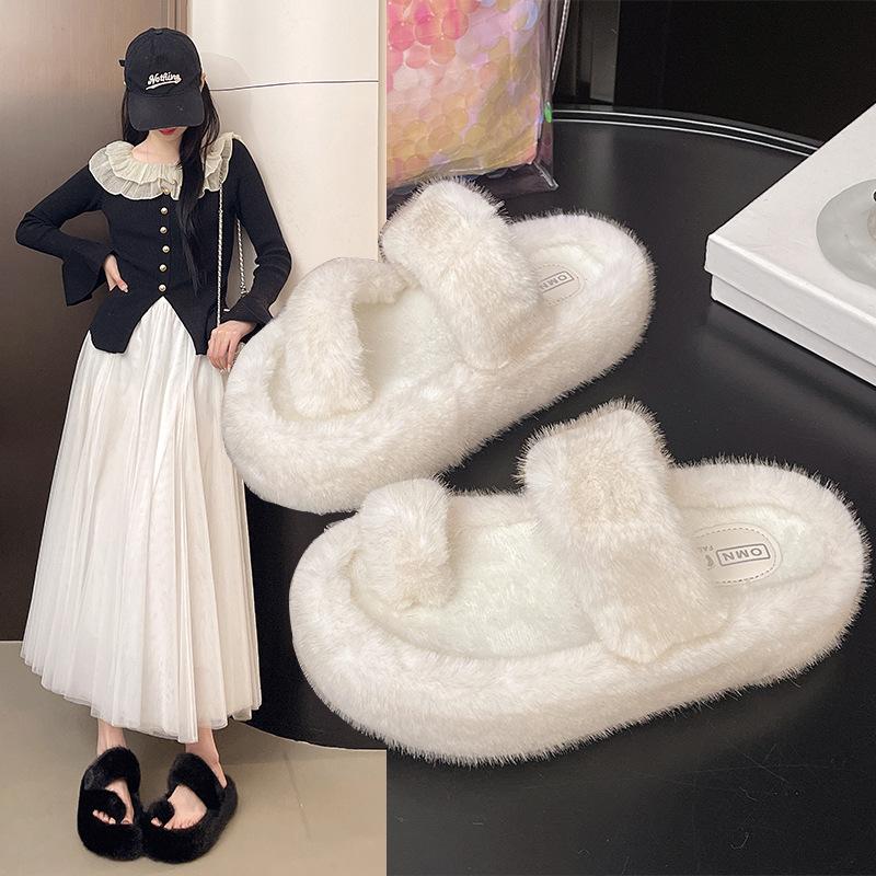 2025 spring and autumn new small muffin thick bottom heightening plush fluffy cotton slippers women wear home fluffy shoes