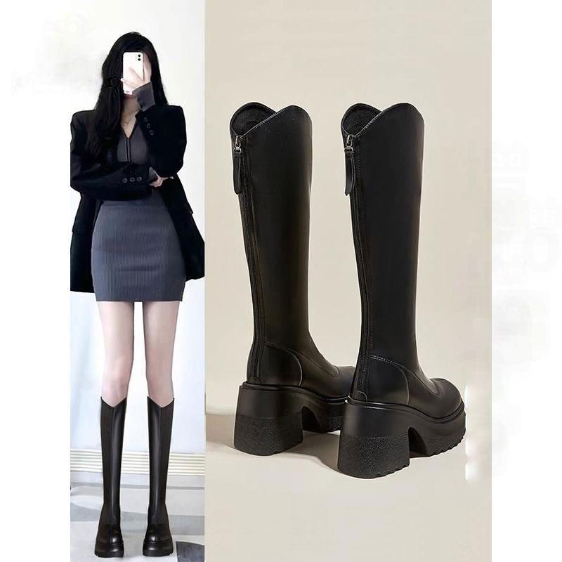 Støvler dame 2025 høst nye tykk hæl høy hæl små høye ridestøvler ensfarget tykk såle høydeøkende støvler