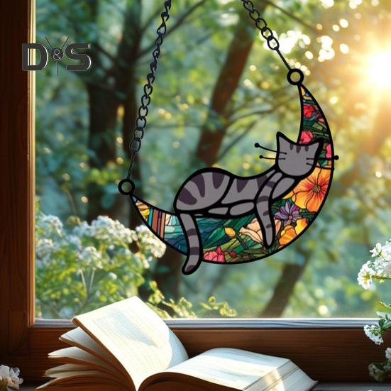 Cat Sleeping On Moon Hanging Decoration Living Room Wall Window Hanging Stained Glass Cartoon Kitten Suncatcher Colorful Acrylic Ornament Pendant