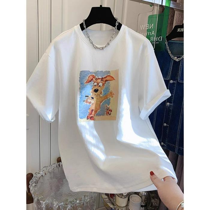 

Корейская версия модной милой футболки с коротким рукавом и круглым вырезом с щенком, женская свободная повседневная из чистого хлопка, новинка весна-лето 2025 S