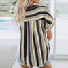 Women Casual Stripe Print V-neck Pocket Short  Sleeve Tops Blouse T-shirt