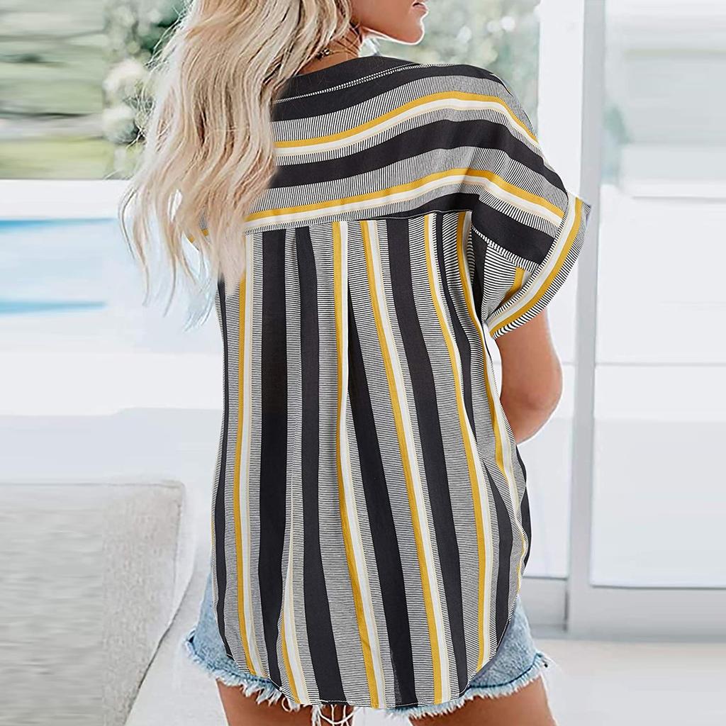 Women Casual Stripe Print V-neck Pocket Short  Sleeve Tops Blouse T-shirt