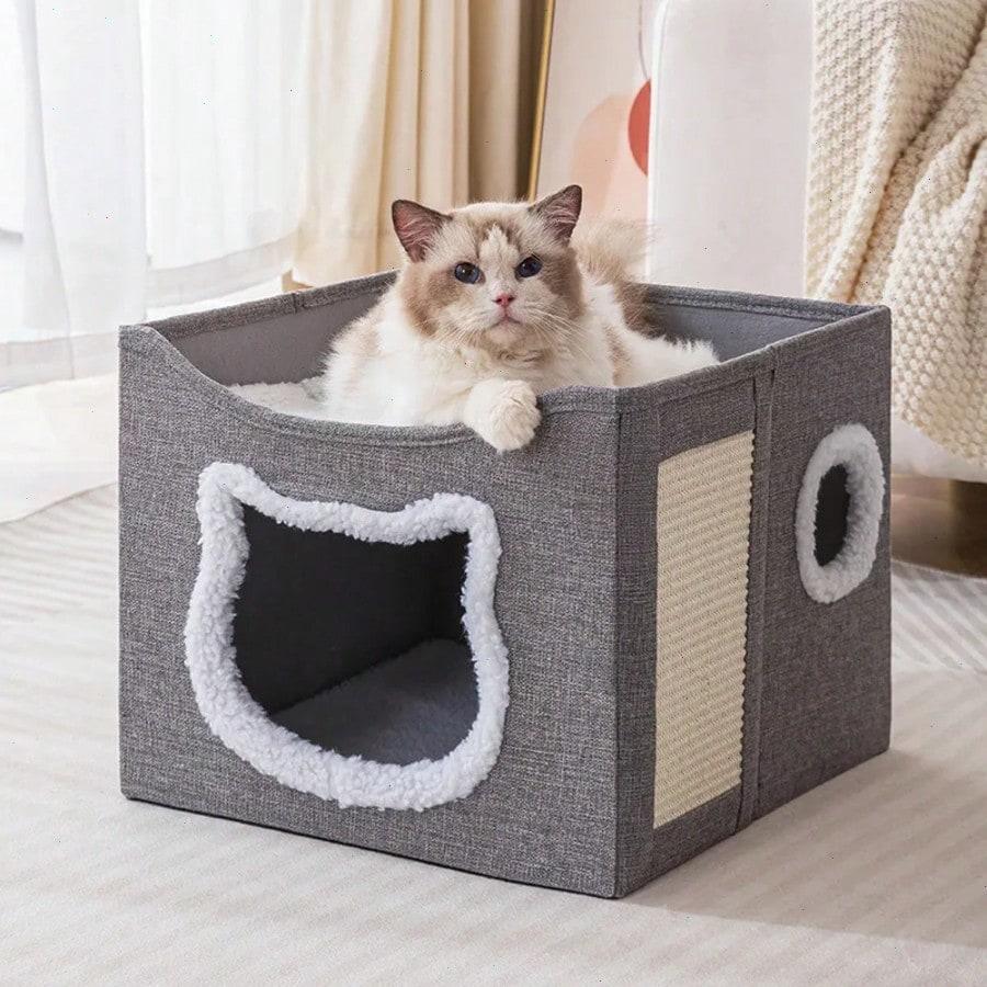 Luxury 4-Season Multi-Level Cat House: Foldable Indoor Play Cube with 2-Layer Bed, Toy Tunnel, Scratching Board, Climbing Rope, Soft Cushions