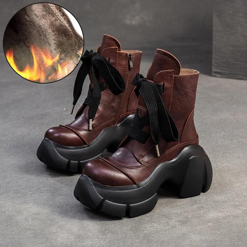 

Johnature Натуральная кожа Ретро Толстая подошва Плюшевые Теплые Короткие Ботинки Универсальные Высокие Каблуки Женские Ботинки на Платформе 39-Plush коричневый