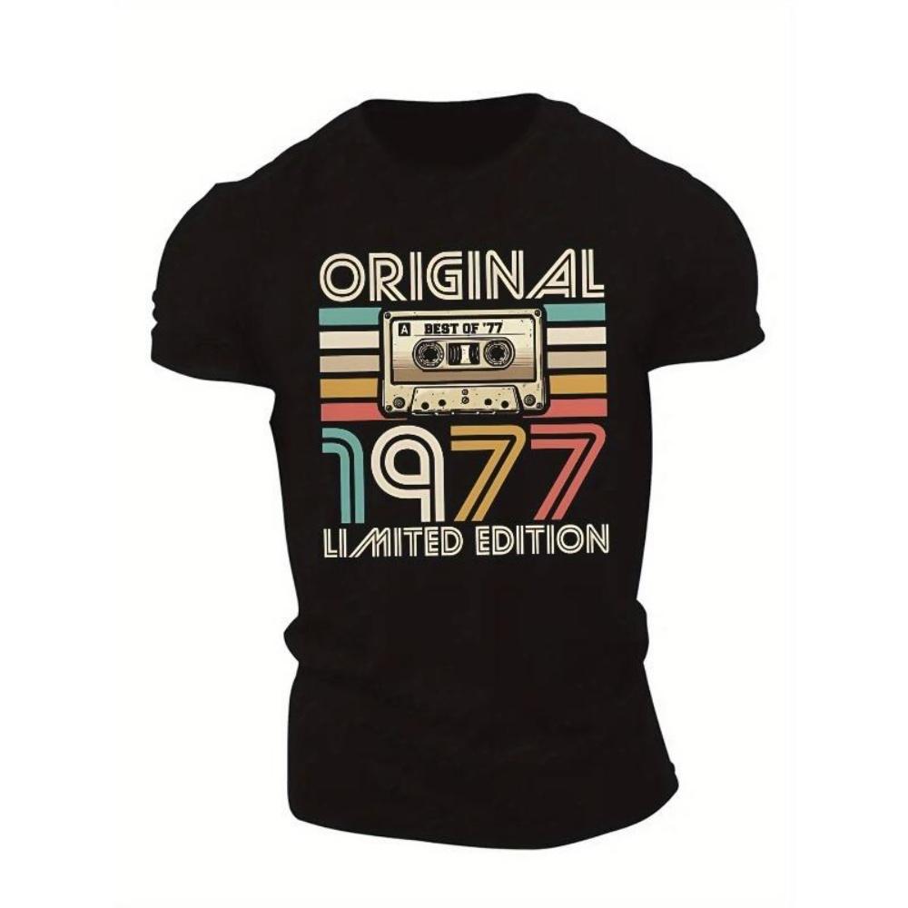

European Sizes 1977 Limited Edition Men s Vintage Cassette Graphic T-Shirt - Retro Geometric Stripes, Light Grey Regular Fit Short Sleeve Summer Top S