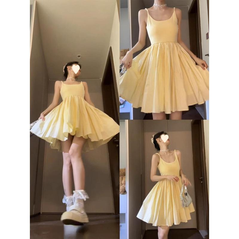Yellow suspender dress children's summer new small seaside vacation temperament fluffy short skirt