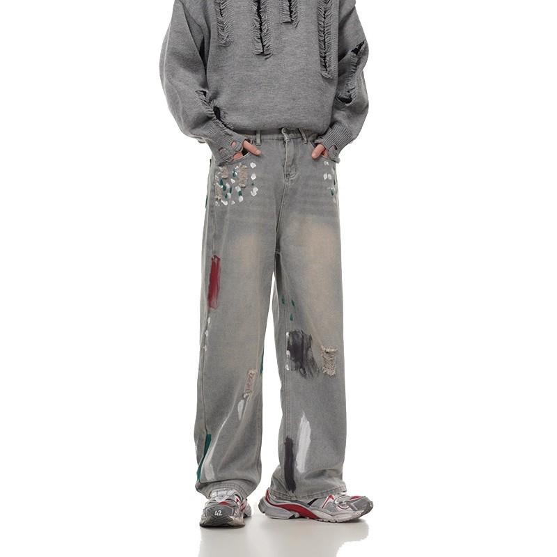 American Ink Splashing Ripped Jeans Men's and Women's High Street Wide Legs Vibe Retro Old Design Sense Ruffian Handsome Trousers