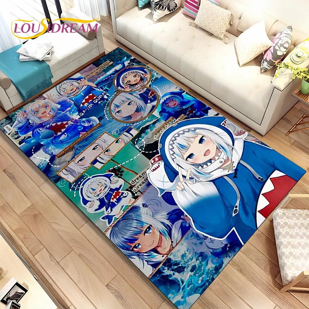Gawr Gura Hololive Niedlicher Anime-Teppich, groß, Teppich für Wohnzimmer, Schlafzimmer, Sofa, Fußmatte, Dekoration, rutschfeste Bodenmatte für Kinder