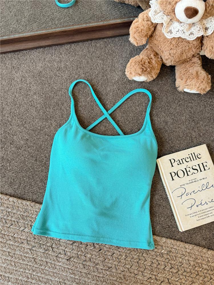 Back Lace-Up Cross Spaghetti Strap Camisole Built In Chest Pads Slim Crop Tank Top Black White Blue Wine Red Women Hollow Back Summer Sleeveless Vest