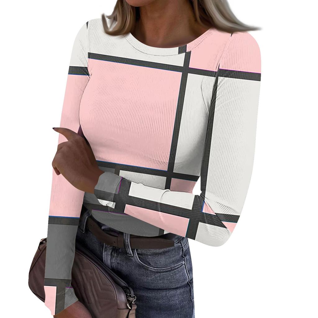 Damen T-Shirt mit Rundhalsausschnitt und schmaler Unterseite, für den Winter, modisch, lässig, bedruckt, langärmelig