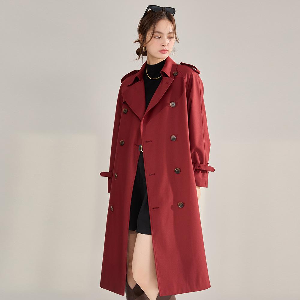 Spring new Ankola red trench coat double-breasted silhouette temperament classic casual long coat women 22397
