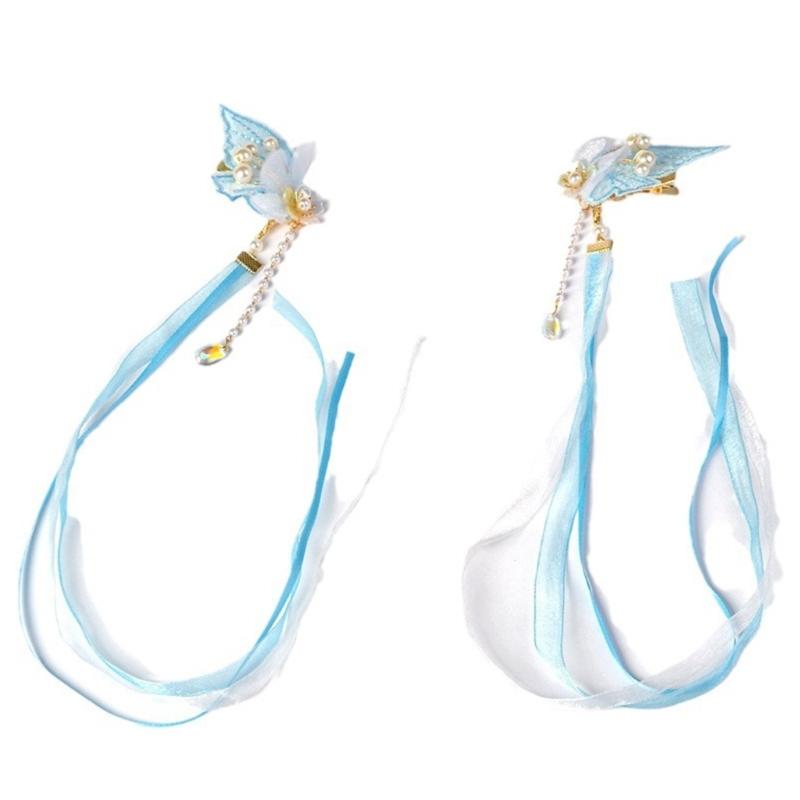 Chic Butterfly Elegant 2000s Style Side Clip Butterfly Hair Clip Sweet Dreamy Butterfly Pearls Flower Cottagecore синий