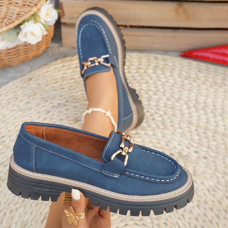 Large size single shoes women's autumn new metal chain flat bottom thick bottom casual