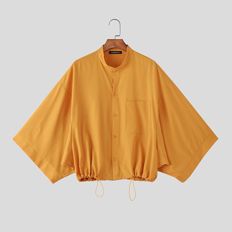 

INCERUN Oversized Men Stand Neck Batwing Sleeve Shirts Casual Loose Drawstring Hem Tops 5XL жовтий