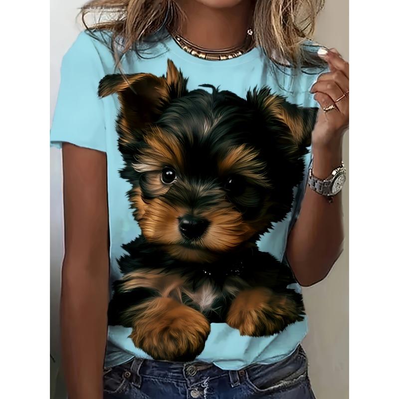 Damenbekleidung T-Shirt 3D Tier Hund Print Urlaub Rundhals lässig vielseitig bequem Pullover kurzärmelig Sommer Top
